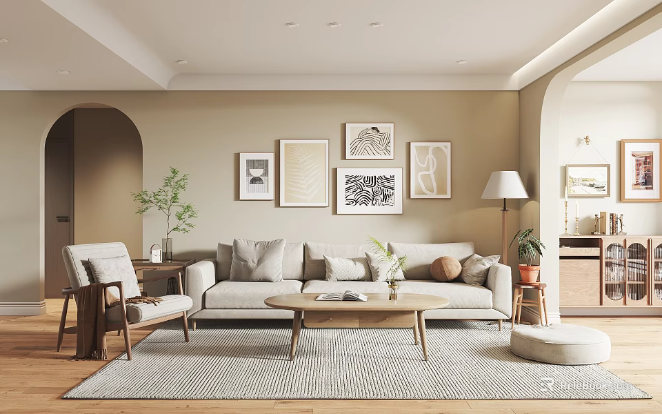 Cozy Neutral Tones Living Dining Room Interior With Sofa Coffee Table Wall Art Floor Lamp 3d model 