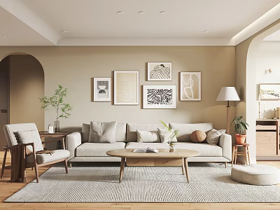 Cozy Neutral Tones Living Dining Room Interior With Sofa Coffee Table Wall Art Floor Lamp 3d model