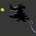 Black Cartoon Creature Character With Red Nose Sharp Teeth Holding Weapon Near Yellow Tennis Ball