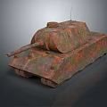 Rusty Tank With Green And Red Rust Patches And Metal Tracks On Dark Background