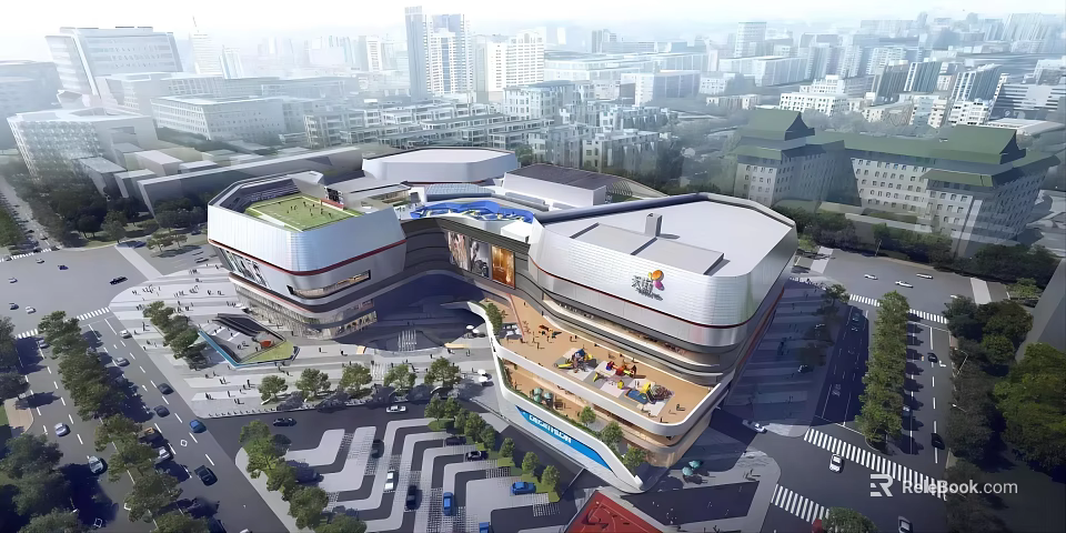 Modern Urban Commercial Complex With Green Roof Design And Retail Dining Spaces 3d model 