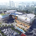 Modern Urban Commercial Complex With Green Roof Design And Retail Dining Spaces