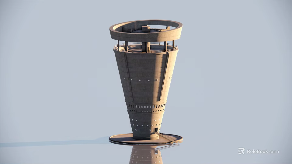 Modern Tapered Gray Concrete Tower Featuring Circular Platform And Reflective Base Against Light Blue Sky 3d model 