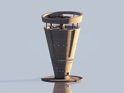Modern Tapered Gray Concrete Tower Featuring Circular Platform And Reflective Base Against Light Blue Sky 3d model