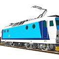 Blue And White Electric Train With Pantograph Pulling Orange Flatbed Carriage On Track 3d model