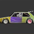 Vintage Car With Colorful Paint Yellow Green Blue Purple And Black Rear Spoiler Pink Wheels