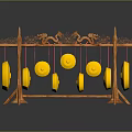 Traditional Wooden Frame Hanging Chimes With Yellow Circular Components And Decorative Carvings