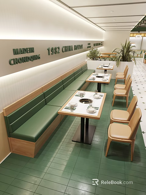Vintage 1982 Chongqing Restaurant Interior With Green Booths White Tables And Beige Chairs 3d model 