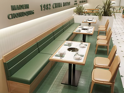 Vintage 1982 Chongqing Restaurant Interior With Green Booths White Tables And Beige Chairs 3d model