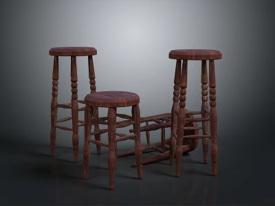 Three Wooden Stools With Classic Design And Carved Legs In Various Heights 3d model