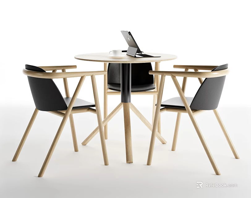 Round Table and Chair Set with Black Seat Backrest Light Wooden Legs and Laptop 3d model 