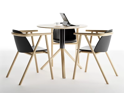 Round Table and Chair Set with Black Seat Backrest Light Wooden Legs and Laptop 3d model
