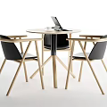 Round Table and Chair Set with Black Seat Backrest Light Wooden Legs and Laptop
