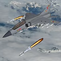 Military Fighter Jet Flying and Launching Missiles Over Mountainous Cloudy Sky
