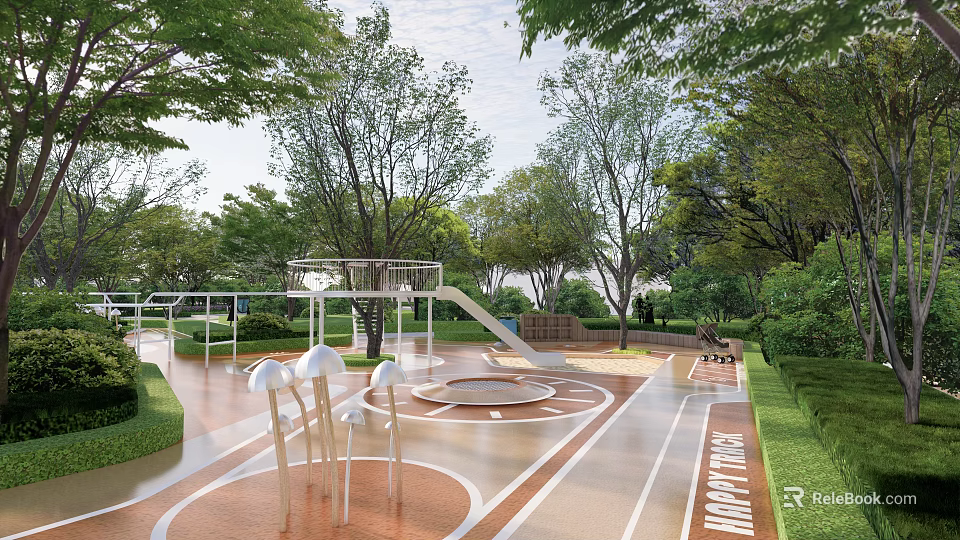 Children's Play Area with Trees and Lawn Slide and Circular Play Space on Paved Surface 3d model 