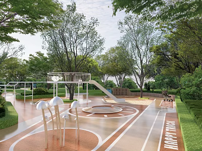 Children's Play Area with Trees and Lawn Slide and Circular Play Space on Paved Surface 3d model