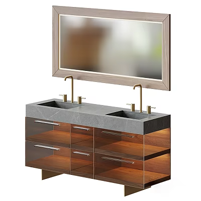 Modern Double Sink Vanity With Brass Faucets Wood Glass Cabinets And Large Mirror Above 3d model
