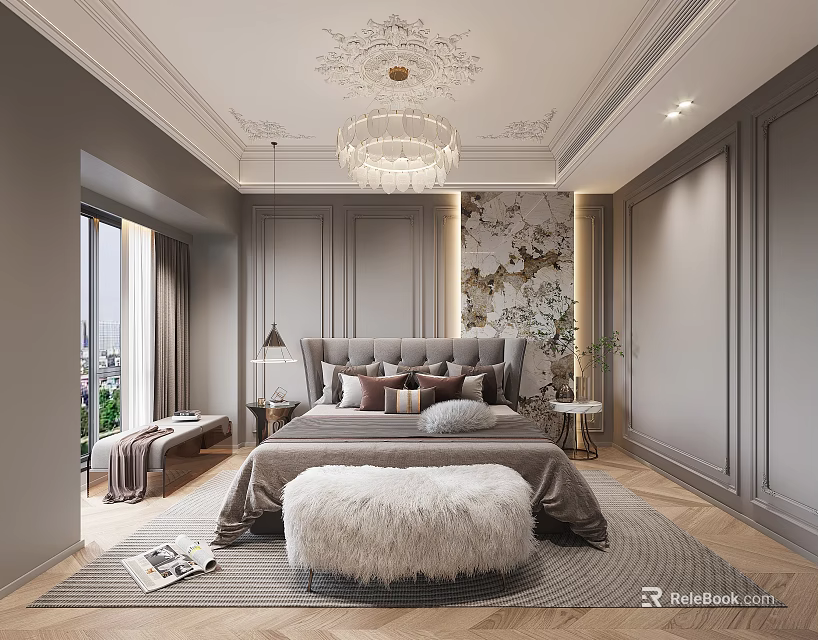 Luxurious Bedroom Interior Design With Upholstered Headboard Crystal Chandelier Patterned Wall And Furry Ottoman 3d model 