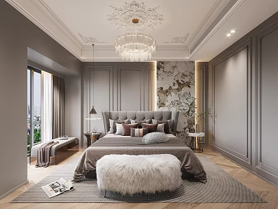 Luxurious Bedroom Interior Design With Upholstered Headboard Crystal Chandelier Patterned Wall And Furry Ottoman 3d model