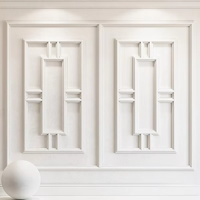Clean White Wainscoting Wall Featuring Symmetrical Panel Design And Simple Decor 3d model