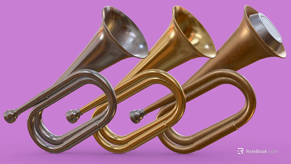 Colorful Musical Instrument Horns Arranged Side By Side On Purple Background 3d model 