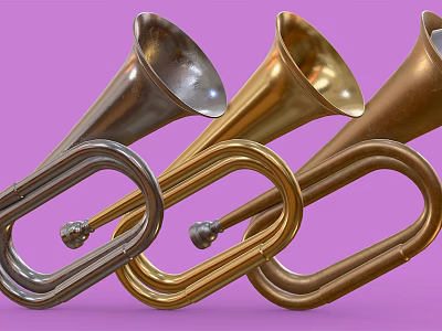 Colorful Musical Instrument Horns Arranged Side By Side On Purple Background 3d model
