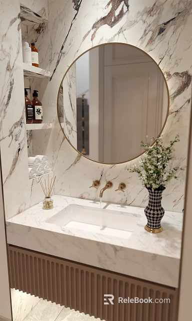 Elegant Bathroom Vanity Rack With Marble Countertop Round Mirror Gold Faucet And Decorative Items 3d model 