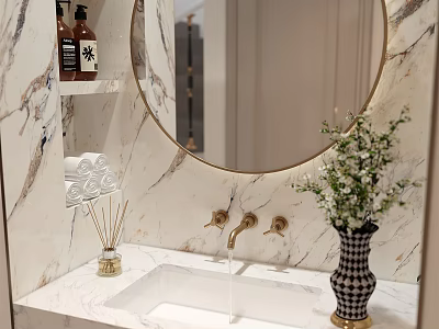 Elegant Bathroom Vanity Rack With Marble Countertop Round Mirror Gold Faucet And Decorative Items 3d model