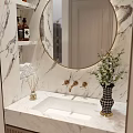 Elegant Bathroom Vanity Rack With Marble Countertop Round Mirror Gold Faucet And Decorative Items