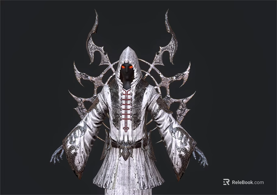 Hooded Dark Fantasy Game Character With Red Glowing Eyes Intricate Robe And Demonic Back Structures 3d model 