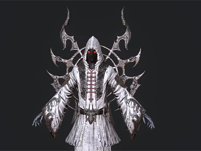 Hooded Dark Fantasy Game Character With Red Glowing Eyes Intricate Robe And Demonic Back Structures 3d model