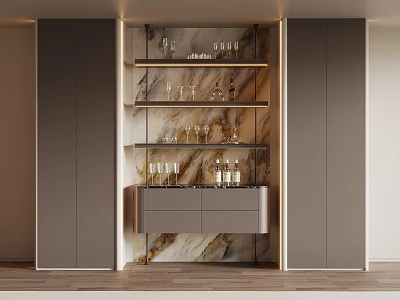 Modern Elegant Wine Cabinet With Marble Backdrop Shelves Wine Glasses And Bottles 3d model