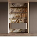 Modern Elegant Wine Cabinet With Marble Backdrop Shelves Wine Glasses And Bottles