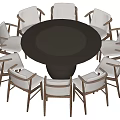 Modern Round Dining Table Set with Eight Wooden Chairs and White Cushioned Seats