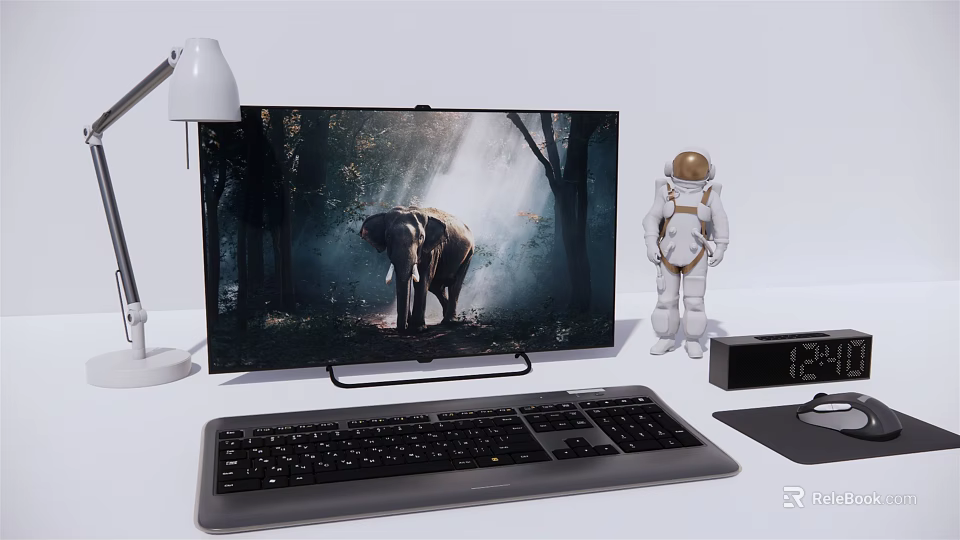 Modern Computer Setup with Monitor Displaying Forest Elephant Scene Astronaut Figure Keyboard and Desk Lamp 3d model 