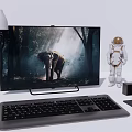 Modern Computer Setup with Monitor Displaying Forest Elephant Scene Astronaut Figure Keyboard and Desk Lamp