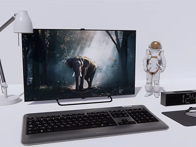 Modern Computer Setup with Monitor Displaying Forest Elephant Scene Astronaut Figure Keyboard and Desk Lamp 3d model