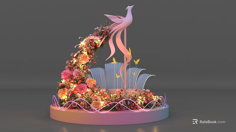 Elegant Photo Check-in Spot With Phoenix Sculpture Floral Decorations Butterflies And Lighting 3d model 