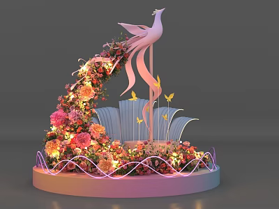 Elegant Photo Check-in Spot With Phoenix Sculpture Floral Decorations Butterflies And Lighting 3d model