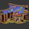 Cute Cartoon Barn Scene With Broken Wooden Roof Green Leaves And Hay Bales