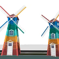 Colorful Windmills With Red Yellow Green Blue Stripes Under Blue Sky And Water Reflections