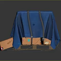 Household Items Covered With Blue Cloth On Pallet And Cardboard Box