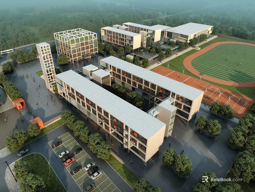 Modern School Buildings With Architectural Design Surrounded By Trees Sports Field And Parking Lot 3d model 