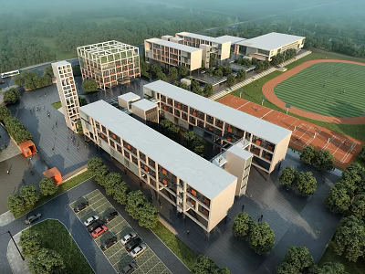 Modern School Buildings With Architectural Design Surrounded By Trees Sports Field And Parking Lot 3d model