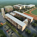 Modern School Buildings With Architectural Design Surrounded By Trees Sports Field And Parking Lot