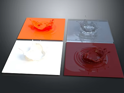 Dynamic Colorful Liquid Splashes On Square Panels With Orange White Red And Silver 3d model