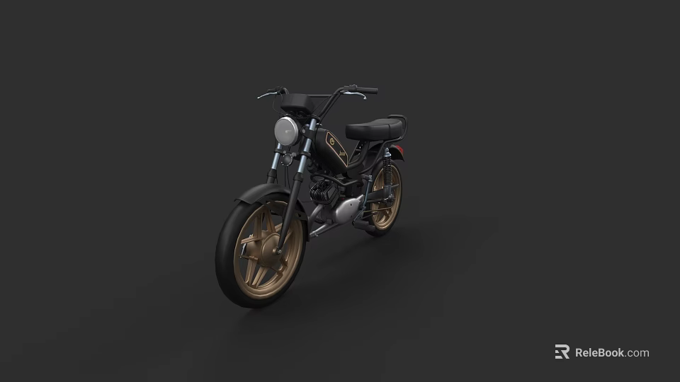 Black Motorcycle with Gold Wheels Classic Design and Leather Seat on Dark Background 3d model 
