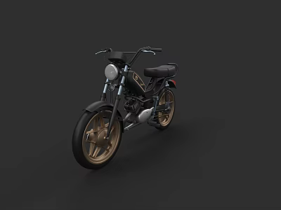 Black Motorcycle with Gold Wheels Classic Design and Leather Seat on Dark Background 3d model