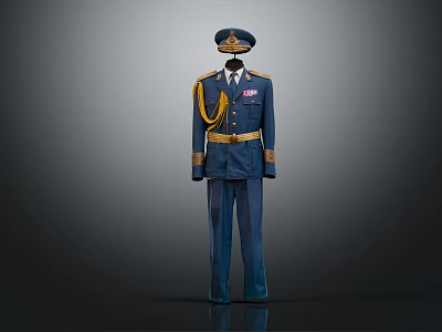 Blue Military Uniform With Matching Cap Golden Sash Belt And Decorative Badges 3d model