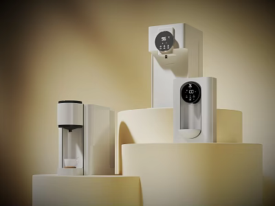 Modern White Kitchen Appliances Displayed on Pedestals with Minimalist Design 3d model